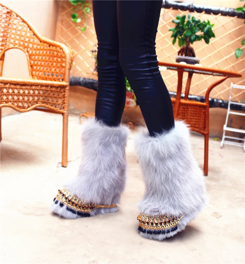 Пикантные высокие зимние сапоги на лисьем меху с металлической цепочкой внутри женские сапоги на высоком каблуке