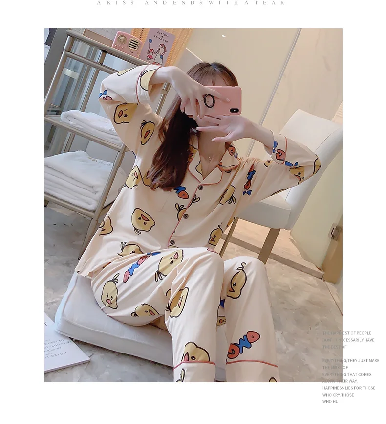 CAIYIER Autumn Winter New Sleepwear Set Women Turn-down Collar Pajamas Cute Cartoon Pattern Button Top+Pants Leisure Home Wear