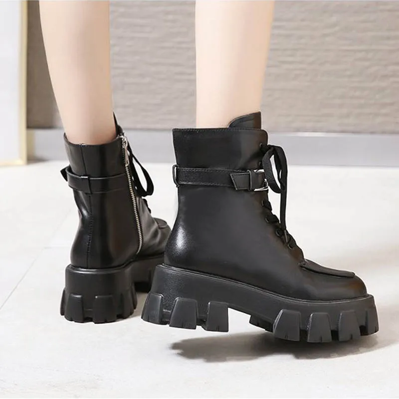 Botas de media caña de cuero para mujer, botines con Mini bolsillo, a la  moda, estilo urbano, alta calidad|Botas hasta el tobillo| - AliExpress