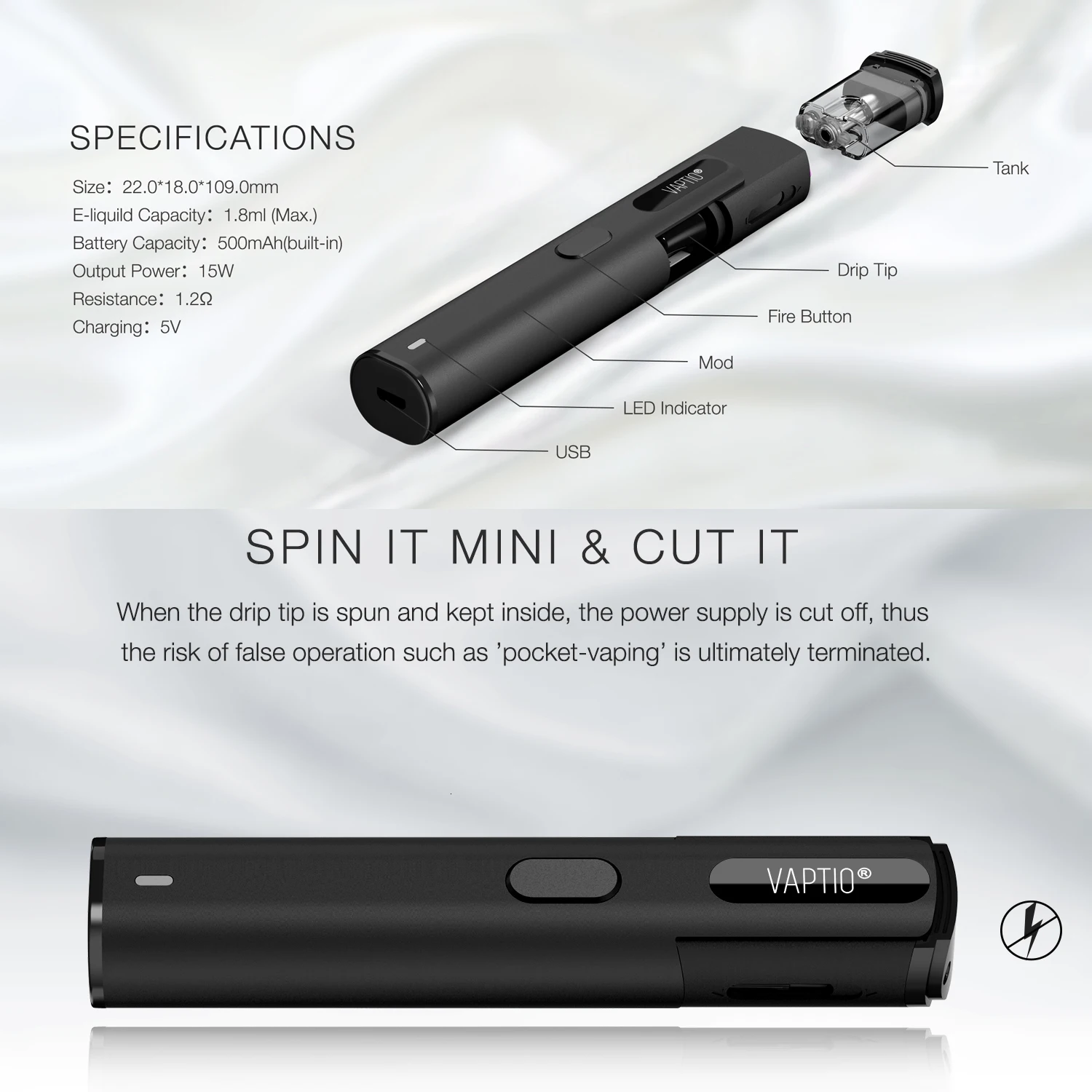 Последние 24 часа! Vaptio Spin IT vape ручка комплект с 500 мАч встроенный аккумулятор 15 Вт 1,8 мл бак электронная сигарета Spinnable капельный наконечник