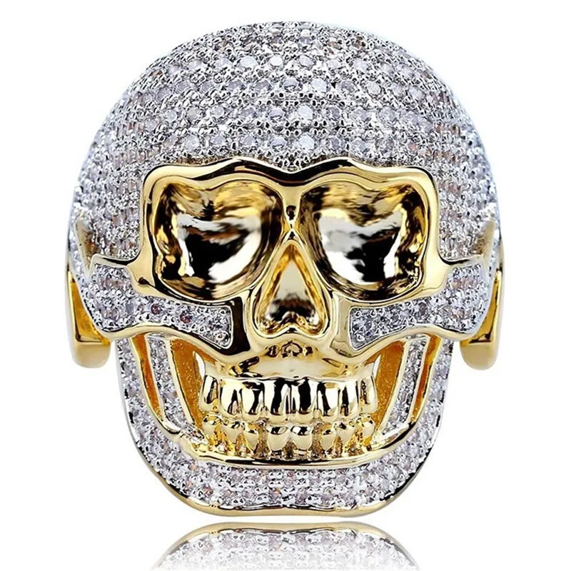

Rock Hip Hop Full Crystal Skull Ring Men Pharaoh Punk Finger Rings For Mens Jewelry Golde Ring Men Vintage Halloween Party Rings