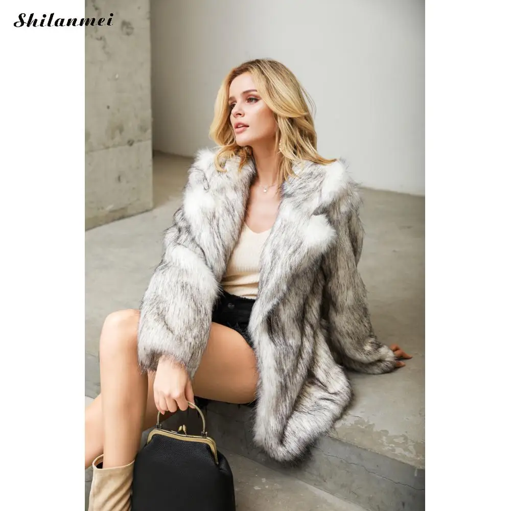 White Furry Faux Fur Coat Women Fashion Fur Collar Plus Size Fur Coat Elegant Flurry Party Club Outwear Thicken Winter Fur Coat