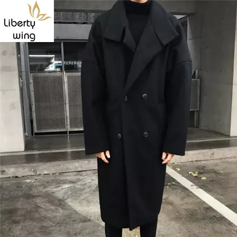 

New Winter Mens Long Coats Fashion Solid Lapel Collar Woolen Jacket Male Double Breasted Casual Loose Fit Outerwear M-XL