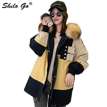 

Fur Parkas Highstreet Plus Size Color Block Cut-and-Sew Drop Shoulder Hooded Coat Women Winter Casual Fur Lining Outwear