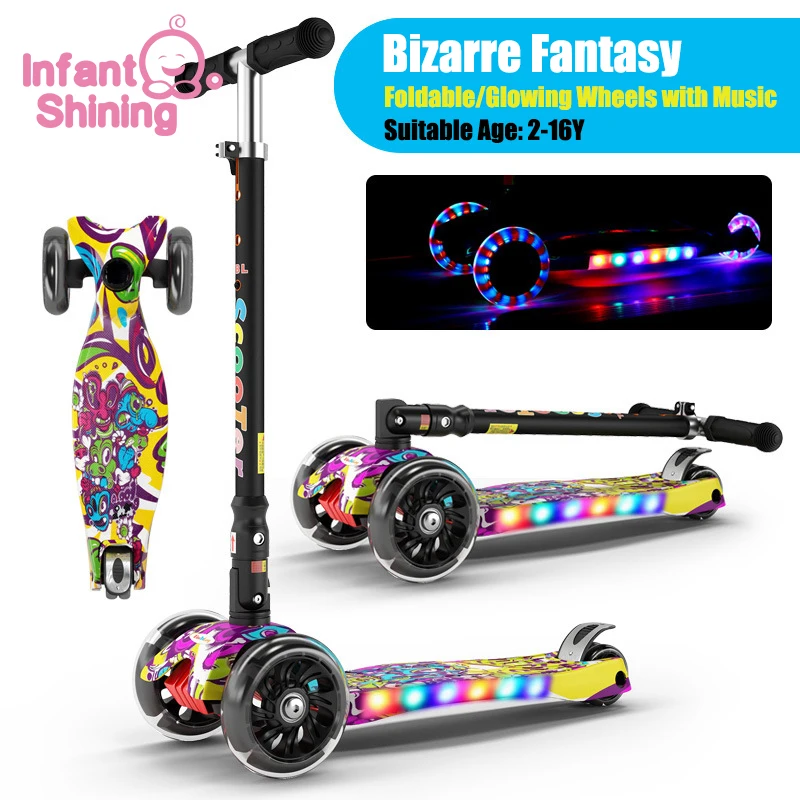 Patinete infantil brillante, plegable, ajustable, de 2 A 16 cm de altura y con luz Flash para niños, juguete para regalo de paseo para niños y niñas