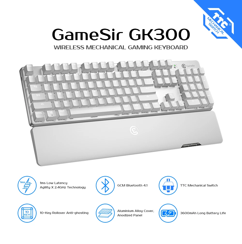  GameSir GK300 White Wireless Mechanical Gaming Keyboard 104 TTC Red Switches For Windows/ macOS/iOS