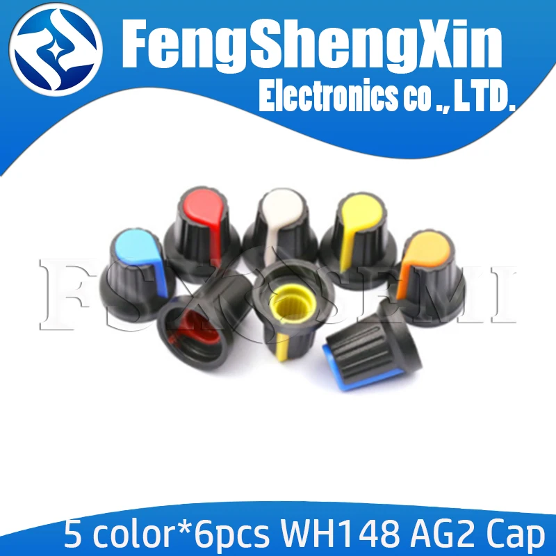 

5colorX6pcs=30pcs New WH148 potentiometer knob cap(copper core) 15X17mm 6mm Shaft Hole AG2 Yellow Orange Blue White Red