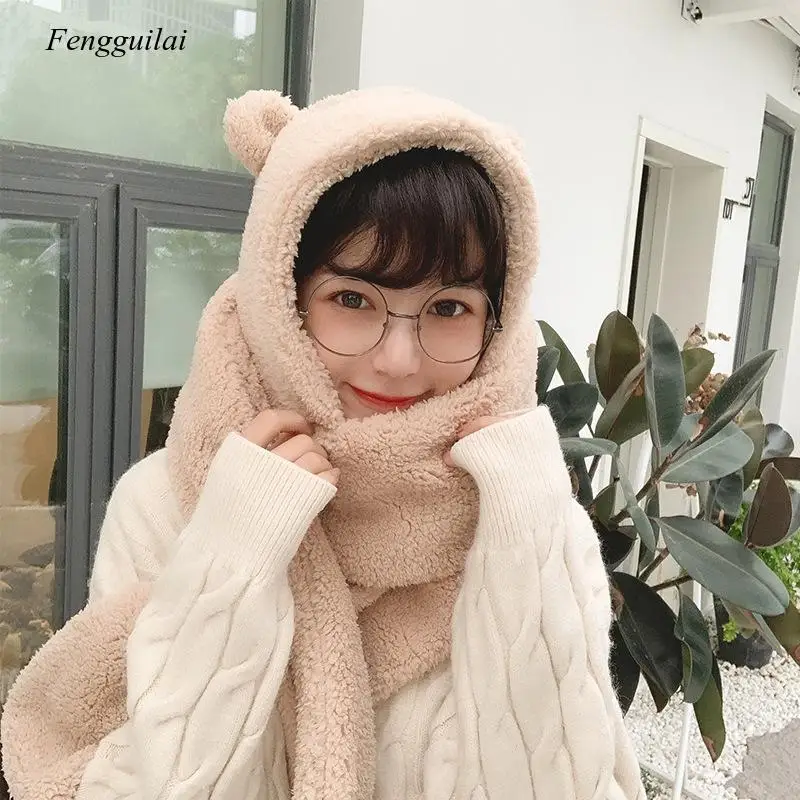 

2020 Fashion Winter Women Beanies Caps Warm Cute Bear Ear Hat Casual Plush Hat Scarf Set Casual Solid Women Caps Present