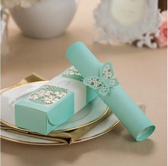 25 шт Tiffany Blue, Свиток, лазерная резка, коробка, Упакованные свадебные пригласительные карточки с узлом-бабочкой, для печати, свадебные украшения, принадлежности