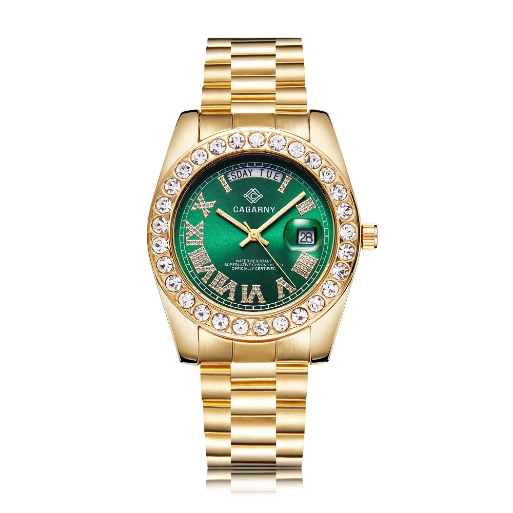 Relógio de Ouro da Moda para Mulheres de Quartzo Relógios de Luxo da Marca Diamante em Aço Inoxidável à Prova Design Clássico Cagarny Homens Água Relógio Xfcs d’