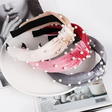 JURAN 6 цветов в богемном стиле сплошной цвет мягкий бархат центр узел широкая повязка для волос с жемчугом завязанная лента для волос индивидуальные аксессуары для волос