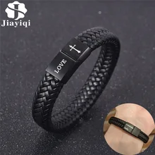 Jiayiqi Men Customized Engraving Leather Bracelet Stainless Steel Magnet Clasp Bangle Male Hot Personalized Fashion Jewelry Gift