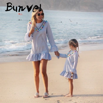 

bunvel mother daughter dresses Long Sleeve /Sleeveless Stripe Tassel Mini Dress Mom and daughter dress Family matching clothes 5