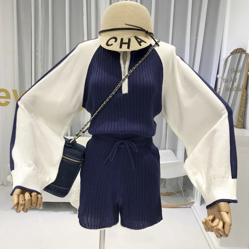 ALPHALMODA Осенняя полосатая вязаная цветная куртка с длинными рукавами+ шорты, костюм из 2 предметов, шорты с высокой талией - Цвет: Синий