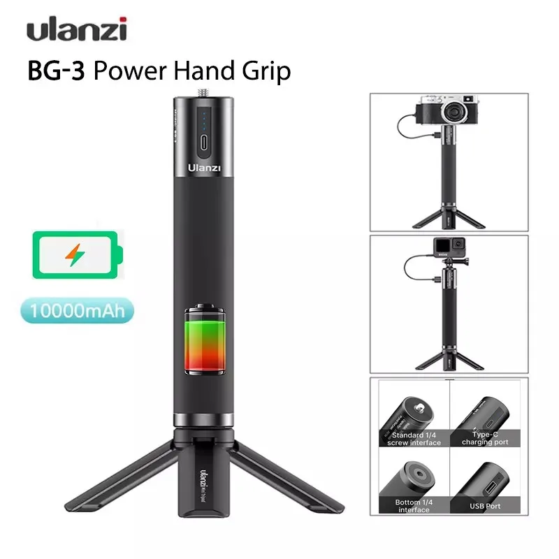 Ulanzi BG-3 10000mAh Battery Power Charger Hand Grip for Smartphone DSLR GoPro 9/8/7/6/5 with Mini Tripod 18W PD QC Fast Charge