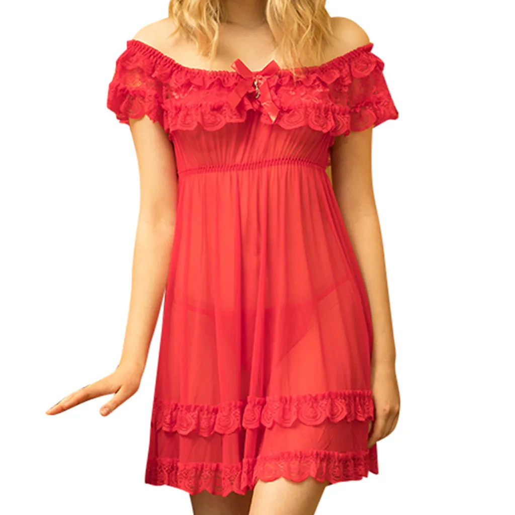 Летние Ночные рубашки женские кружевные атласные ночные рубашки с коротким рукавом на одно плечо винтажная Ночная рубашка сексуальные сорочки Одежда - Цвет: Red