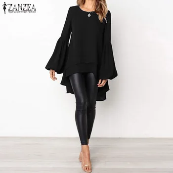 

Women Lantern Sleeve Blouse ZANZEA Autumn Crew Neck Asymmetrical Hem Shirt Casual Solid Blusas Femininas Long Tops Tunic Robe