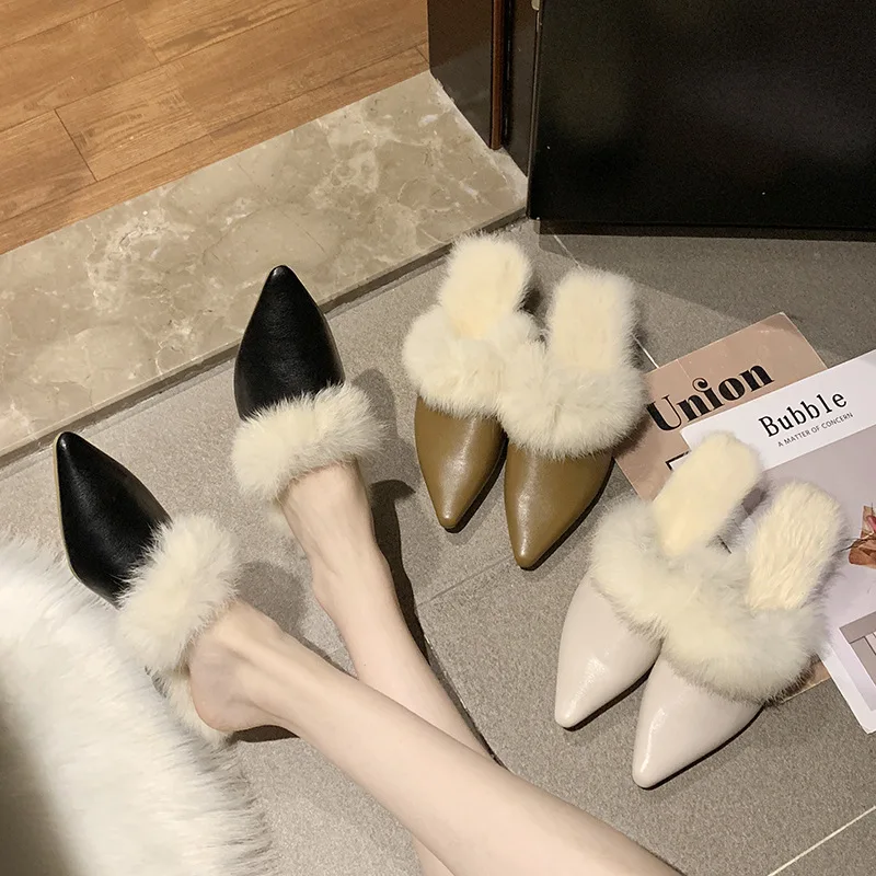 

Seconds Autumn And Winter New Style Really Rabbit Fur plus Velvet Comfortable Casual Versatile yi xing gen Semi-high Heeled Poin