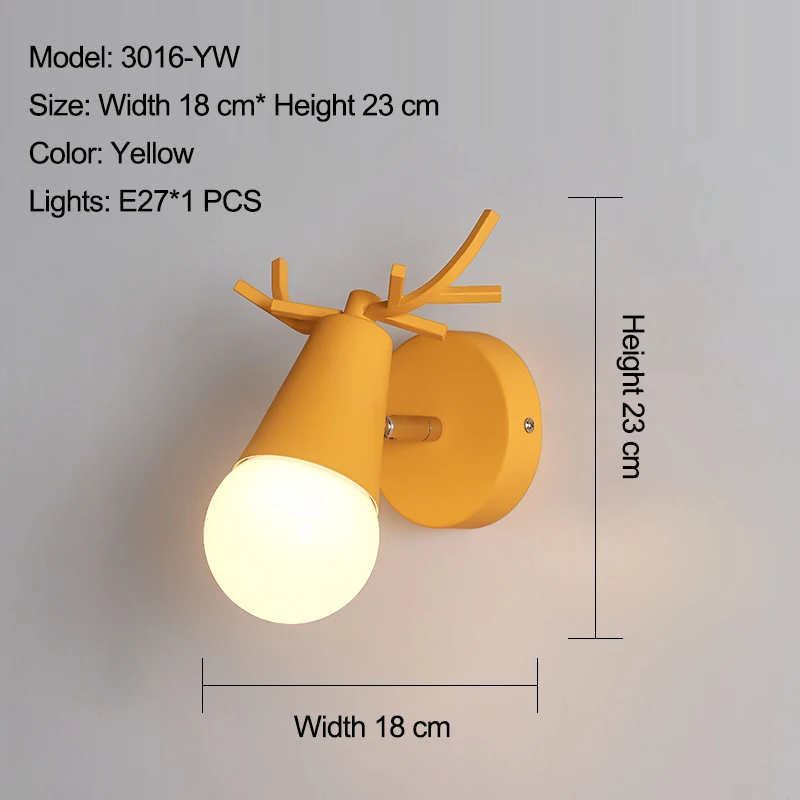 Регулируемый светодиодный настенный светильник в скандинавском стиле с цветными рогами оленя из мультфильма, бра для чтения в спальню, настенное освещение для детской комнаты E27 - Цвет абажура: 3016 yellow