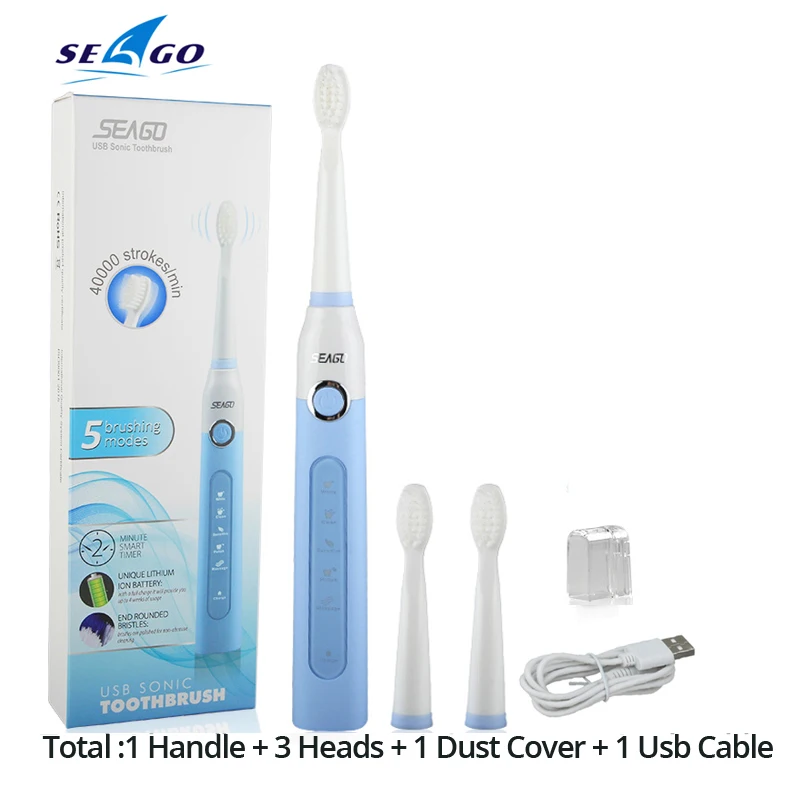 BLUE seago 507 Seago SG-507, электрическая зубная щетка для взрослых с таймером, электрическая зубная щетка с зарядкой от USB, 3 шт., Сменная головка щетки - Цвет: BLUE seago 507