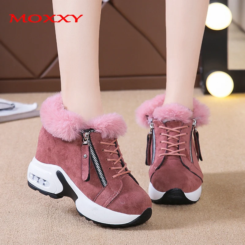 

Moxxy 2020 Winter Plush Chunky Sneakers Women Black Pink Platform Wedges Shoes For Women Lace Up Zip Casual  
