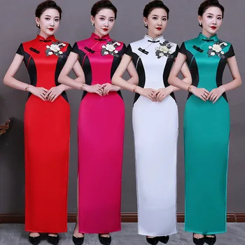 

S-5XL Womens Long Cheongsam Vintage Chinese style Mandarin Collar Dress Rayon Qipao Slim Party Dresses Button Vestido Plus Size