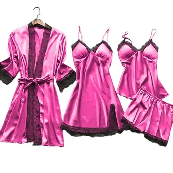 

4 Pieces Women Pajamas Sets Satin Sleepwear Silk Nightwear Pyjama Spaghetti Strap Sleep Lounge Pijama with Chest Soft Pads