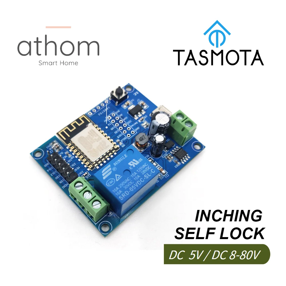 

ATHOM pre flashed Tasmota 1CH DC 5V 12V 8V-80V WiFi Relay Module Inching/Self-locking Switch Entry Access Garage Door