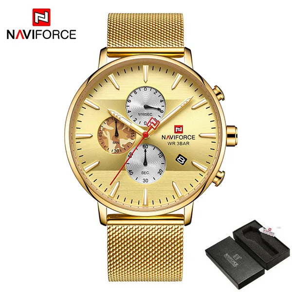Мужские часы naviforce Топ бренд класса люкс хронограф из нержавеющей стали сетка мужские наручные часы водонепроницаемые кварцевые спортивные часы Подарки - Цвет: GoldWithBox