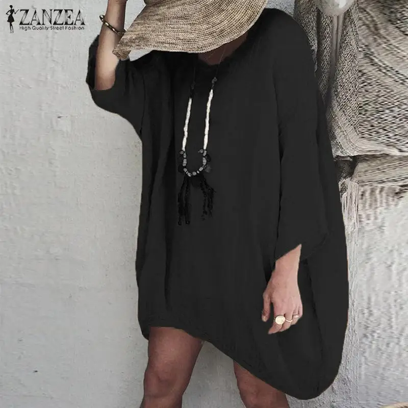 ZANZEA винтажное повседневное мини-платье женские Сандерс Лето 3/4 рукав мешковатые Vestidos Женская О-образным вырезом Длинная блуза большого размера туника