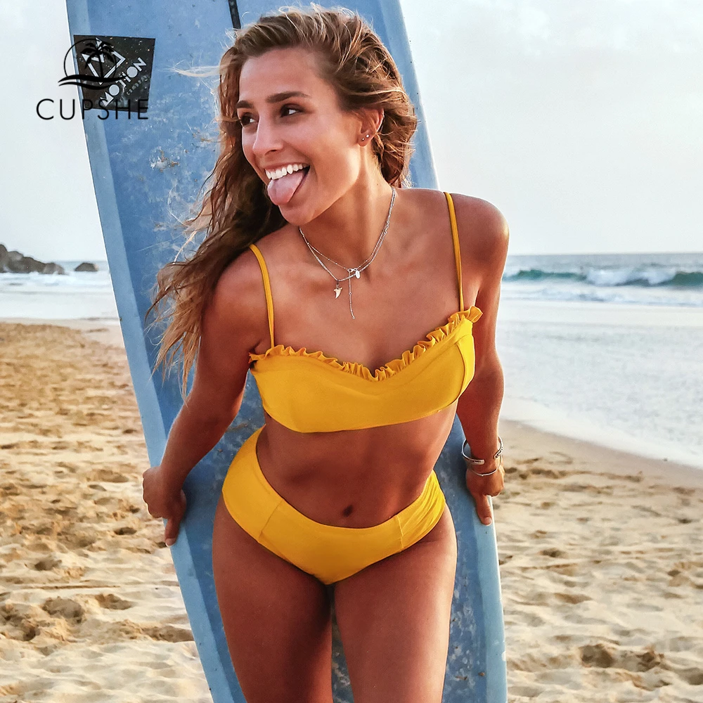 

CUPSHE Yellow Ruffled Bandeau High-Waisted Bikini Sets Sexy Swimsuit Two Pieces Swimwear Women 2019 Girls Beach Bathing Suits