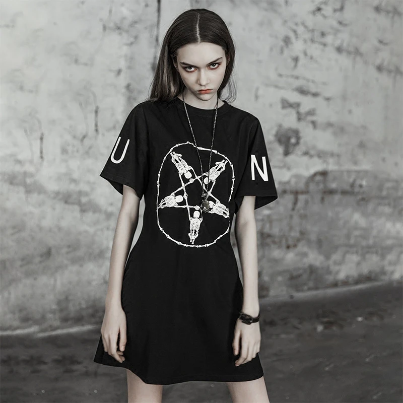 

PUNKRAVE Punk Personalized Print Dress Female Summer 2019 New Dark Self-cultivation Short-sleeved T-shirt Skirt Tide