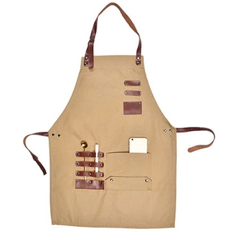 

Khaki Women Men Hairdresser Apron Cotton Bib Aprons Kitchen with Leather Straps Adult Apron for Work Barber Chef Drawing