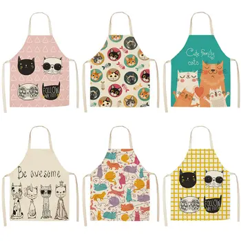 

1Pcs Cute Cats Printed Kitchen Aprons 53*65cm Woman Adult Kids Cotton Linen Bib Home Cooking bbq Apron Cleaning Accessory WQ0057