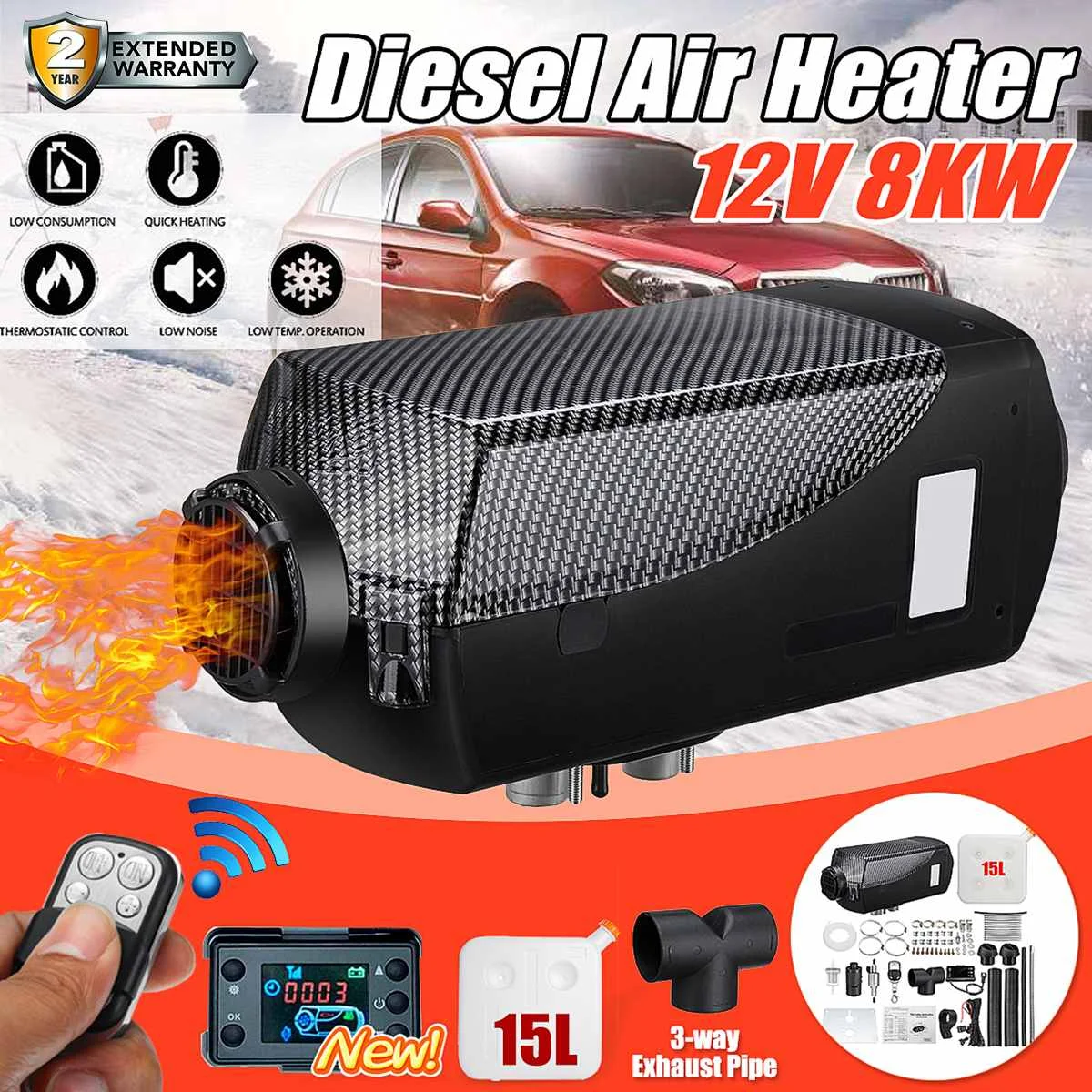 Car Heater 12V 8KW Diesel Air Heater Parking Heater 2 Air Outlet Remote Control LCD Monitor for RV Motorhome Trailer Truck Boat