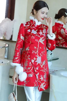 

2020 women vintage split qipao jacquard warm evening dress chinese traditional flower cheongsam traditional wedding cheongsam