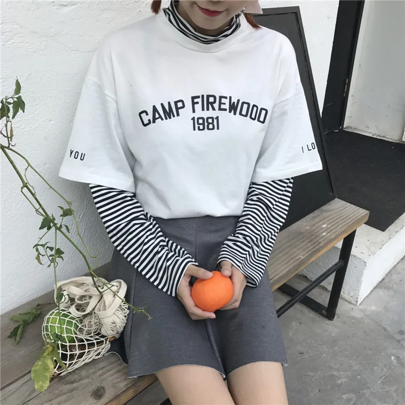 Women's T-shirts Tunic Kawaii Ladies Vintages Triped Long Sleeve T-shirt Female Ulzzang Harajuku Tee For Women Casual Top