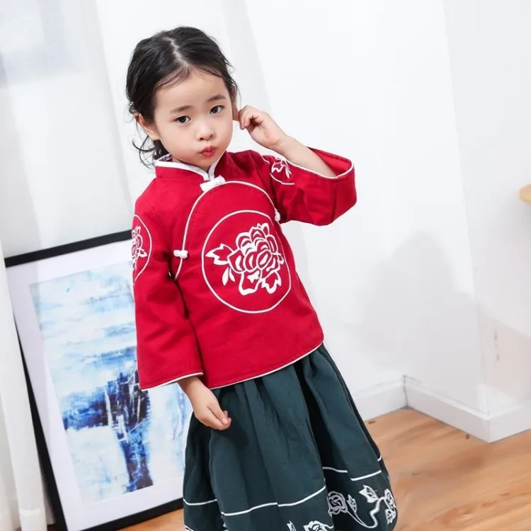 

2018 Autumn New Products Chinese Clothing Childrenswear Girls Stand Collar Mission Pattern Printed Shirt Printing Gold Long Skir