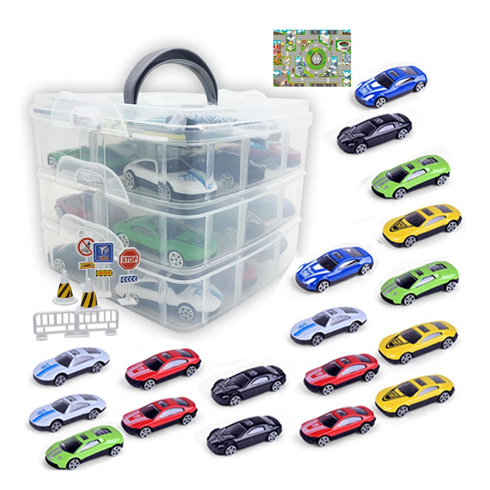 18 Pcs set Kids Mini Parking Lot Car Toy with Sub format Portable Storage Box Multi 2