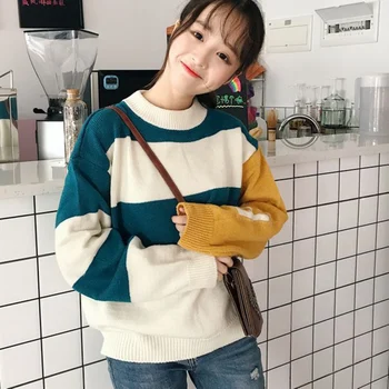 

Women Autumn Casual O-Neck Loose Striped Pullovers Sweaters Letter Long Sleeve Knitted Tops