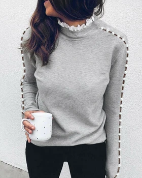 

Women Long Sleeve Lace Hollow Turtleneck Pearl Top Ladies Autumn Warm Sweaters Female Casual Tee Blouse
