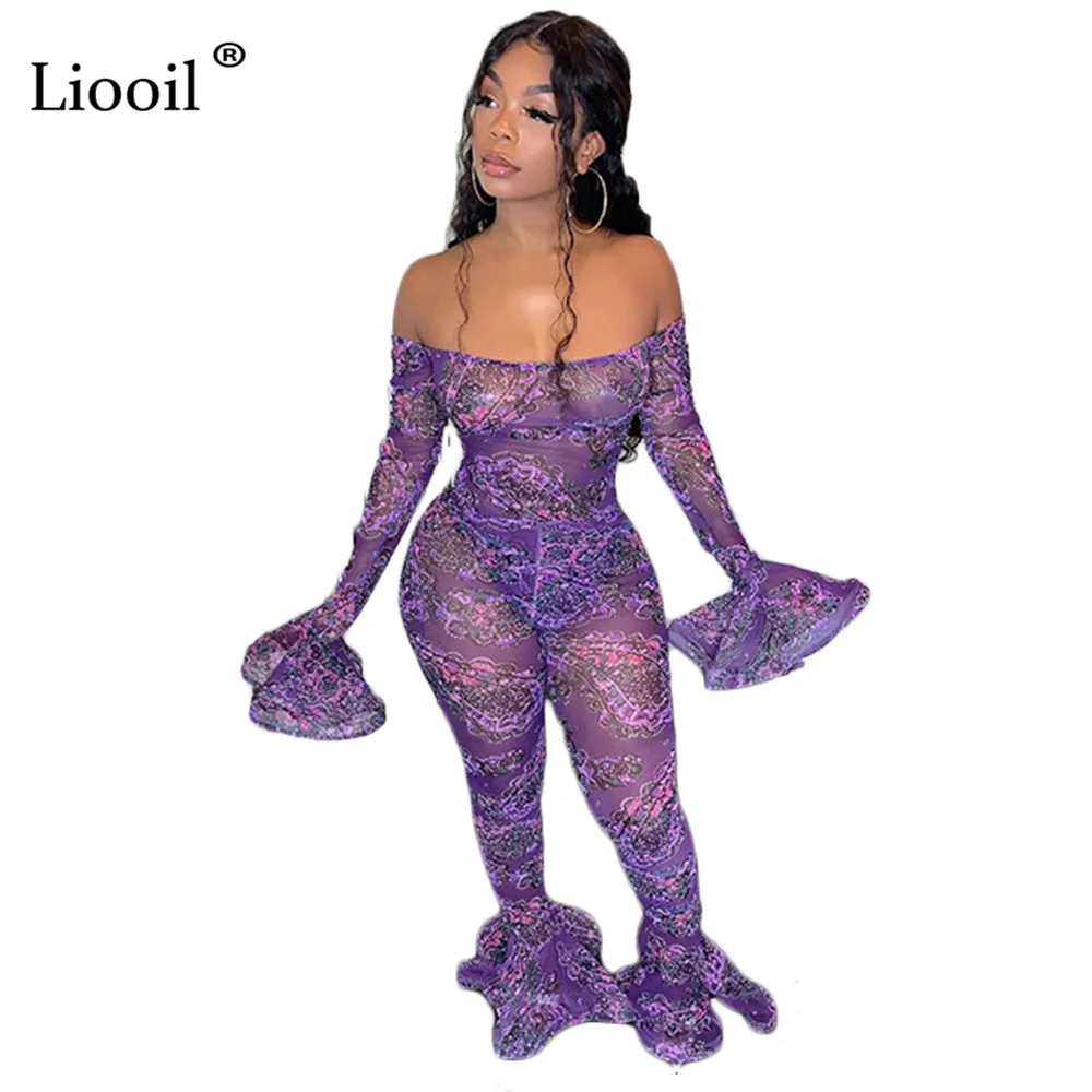

Liooil Off Shoulder Mesh Sheer Bell Bottom Jumpsuit Women Sexy Club Outfits 2019 Autumn Flare Sleeve Party Tight Print Jumpsuits