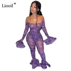 Liooil с открытыми плечами, сеточка, прозрачный колокольчик, костюм для женщин, сексуальные Клубные наряды 2019, Осенние вечерние комбинезоны с