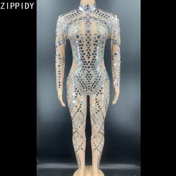 

Flashing Silver Mirror Rhinestone Transparent Jumpsuit Women Dancer Clothes Birthday Celebrate Bar Net Yarn Wear YOUDU