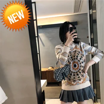 

Sweater Women Color Block Jacquard Jumper Flower Embroidery Jersey Luxury Runway Design Pullovers Intarsia Knitted Top C-256