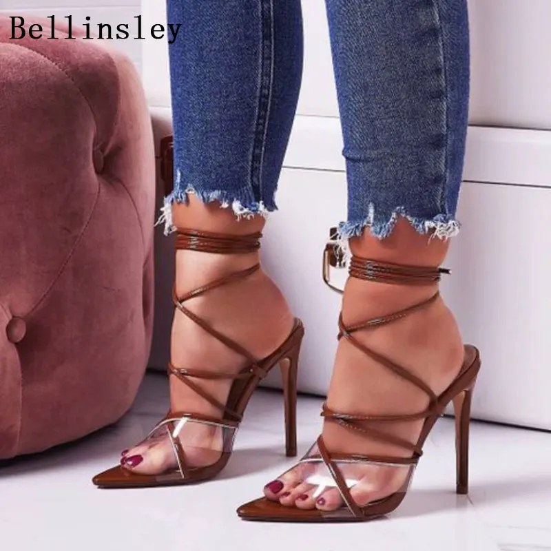 

Women Sandals 2019 Summer Cross-tie High Heels Pointy Leopard Shoes Woman Transaparent Sandals For Women Heels Sandalias Mujer
