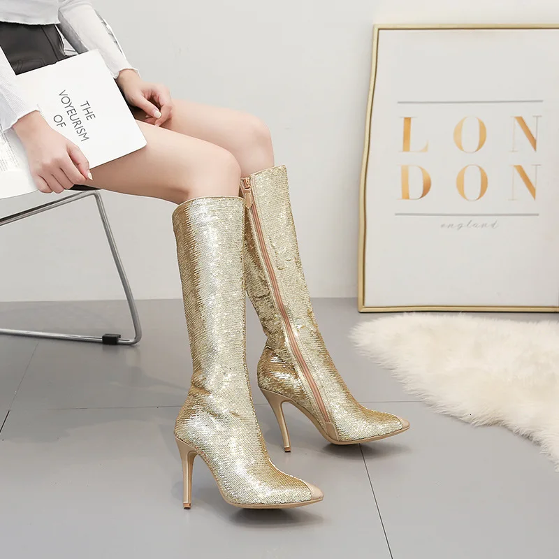 

2019 Sharp Paillette High heel Boots heel High Boots
