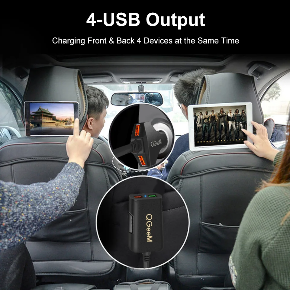 Автомобильное зарядное устройство QGEEM с 4 USB портами для iPhone быстрая зарядка 3 0