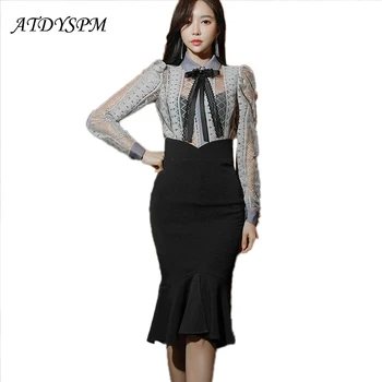 

New Women Two-Pieces Suit Sets Spring Slim Hollow Out Lace Shirts Tops+Package Hips Ruffles Skirts Fashion Suits For Woman