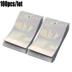 100Pcs Iridescent Zip lock Bags Pouches Cosmetic Plastic Laser Iridescent Bags Holographic Makeup Bags Hologram Zipper Bags